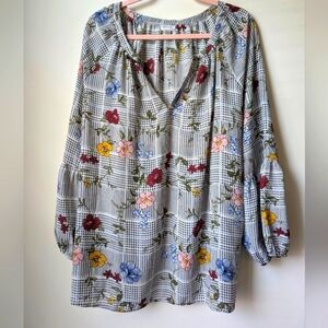 Avenue Floral Plaid Puff Sleeve Blouse Size 0x 14/16
